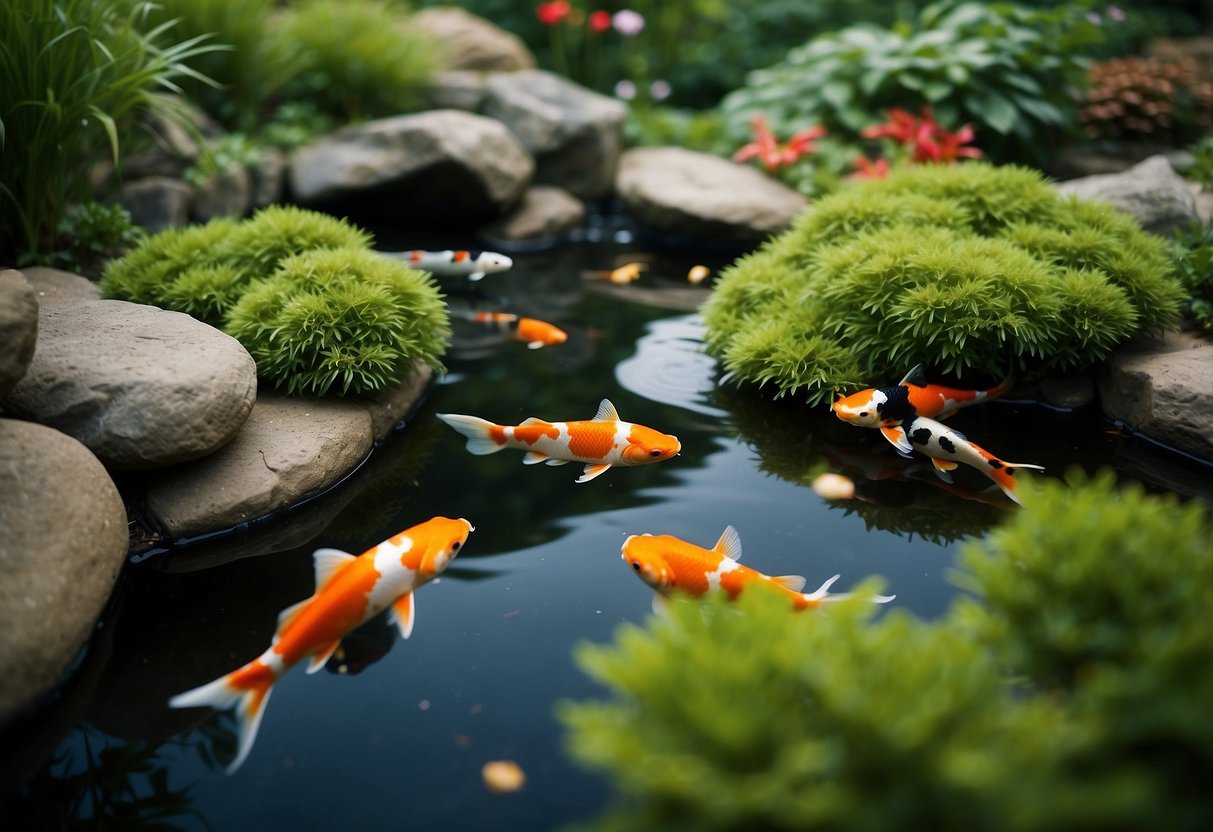 A tranquil koi pond nestled within a yin yang garden, with lush greenery and colorful fish swimming peacefully