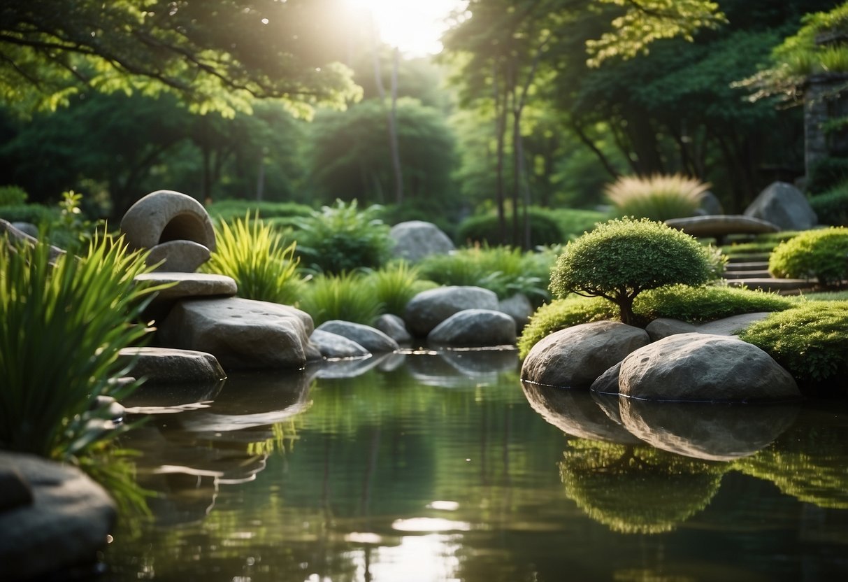 A tranquil yin yang garden with balanced elements: a winding path leads to a serene pond, surrounded by lush greenery and carefully placed rocks