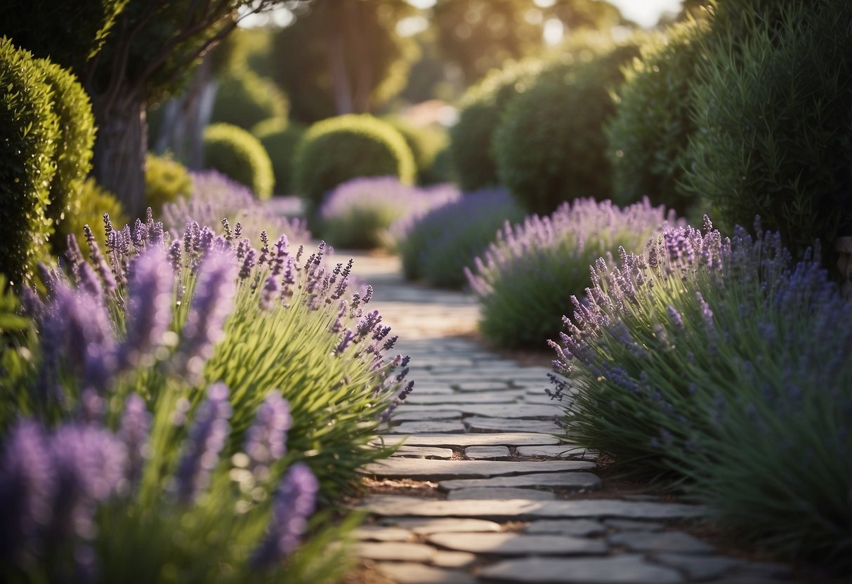 A winding pathway lined with vibrant lavender bushes leads through a tranquil garden, with colorful flowers and lush greenery creating a peaceful and serene atmosphere