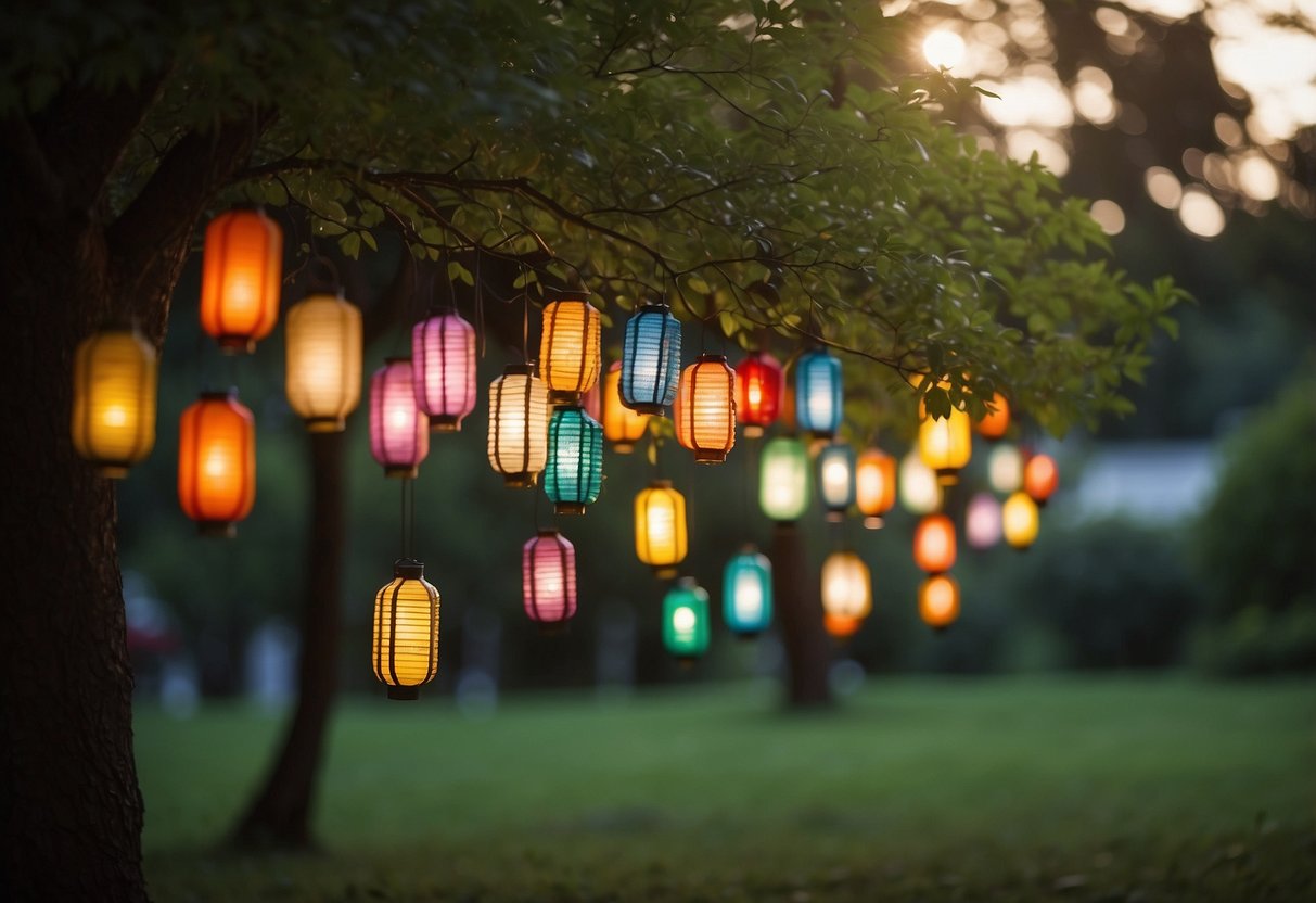 Colorful lanterns hang from trees in a tranquil garden, casting a warm glow over the peaceful surroundings