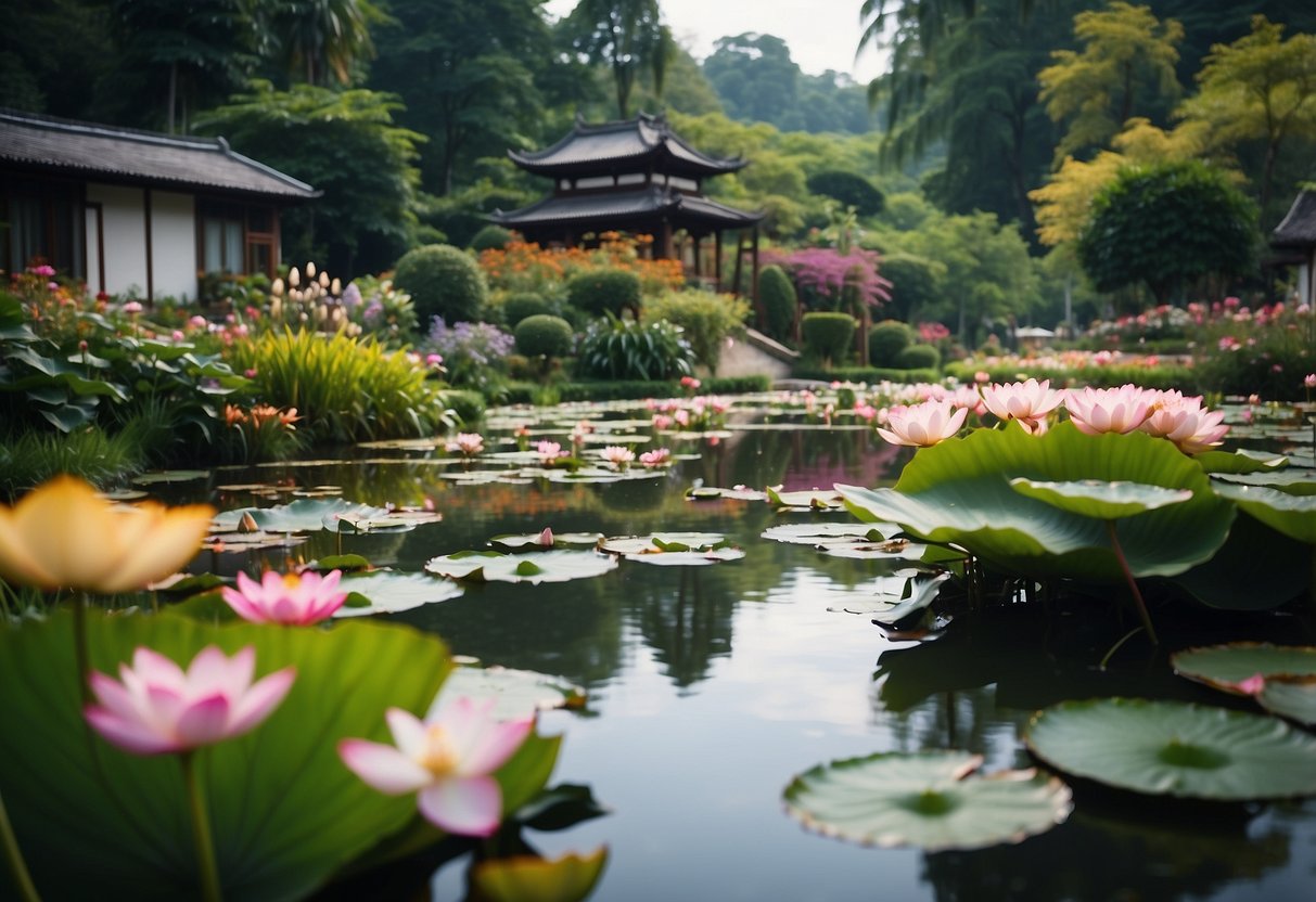 A serene lotus pond surrounded by lush greenery and colorful flowers, with a peaceful garden path winding through the landscape