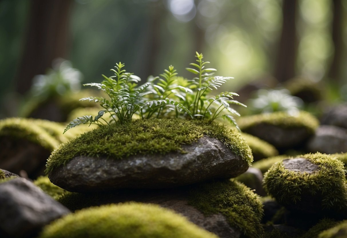 A tranquil garden with moss-covered rocks arranged in a peaceful and serene setting