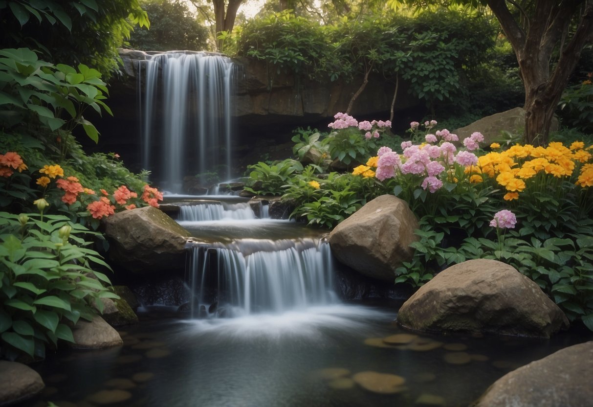 A serene waterfall flows into a peaceful garden, surrounded by lush greenery and colorful flowers. The sound of water cascading creates a tranquil atmosphere