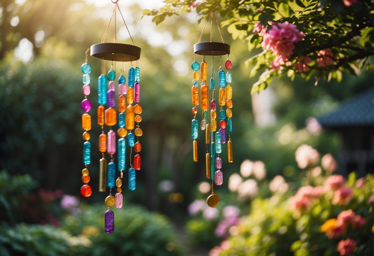 Colorful wind chimes hang from trees in a tranquil garden, surrounded by blooming flowers and lush greenery. The gentle breeze causes the chimes to sway and create soothing melodies