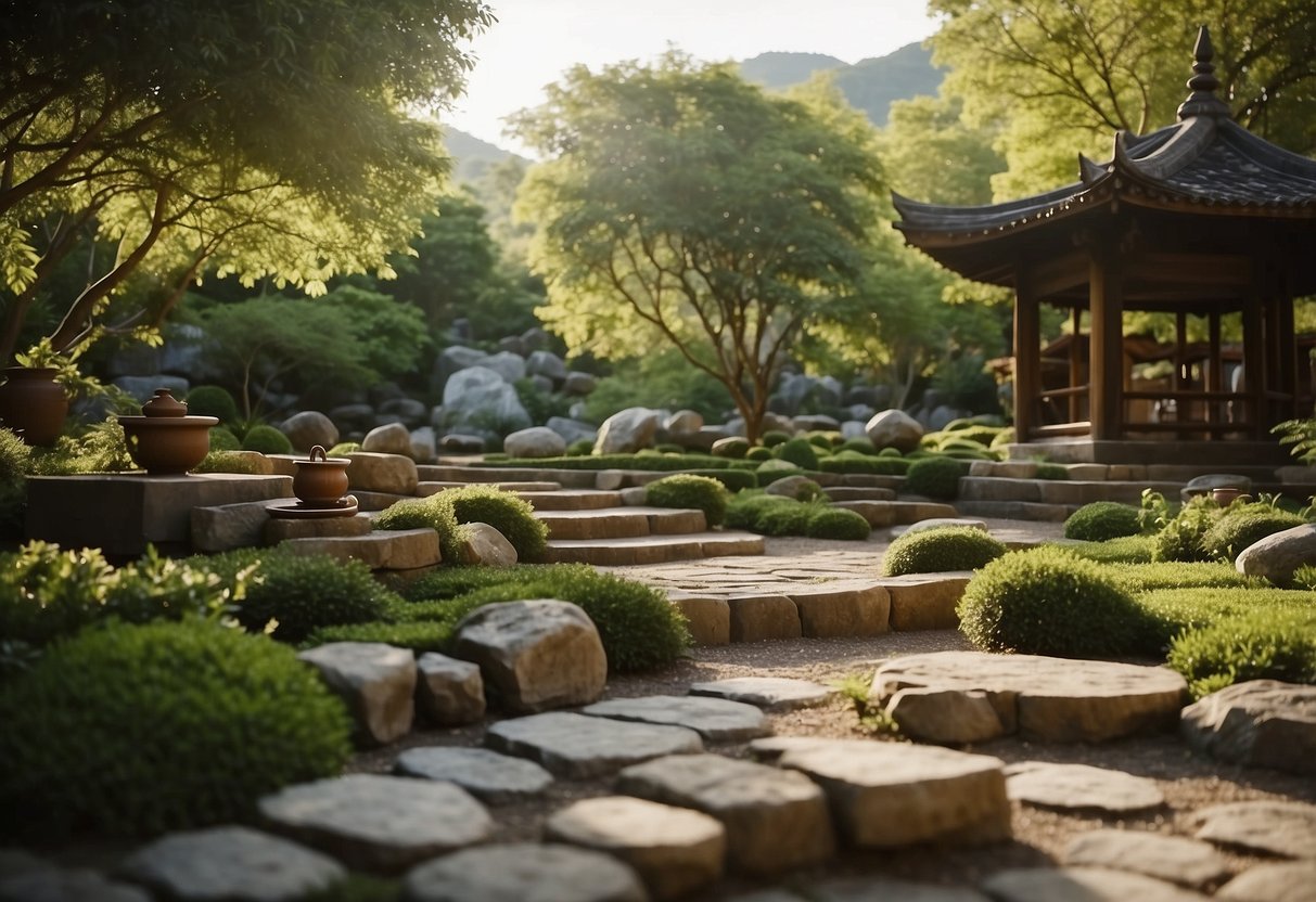 A tranquil Zen garden with a stone path, lush greenery, a bubbling fountain, and a wooden bench for meditation