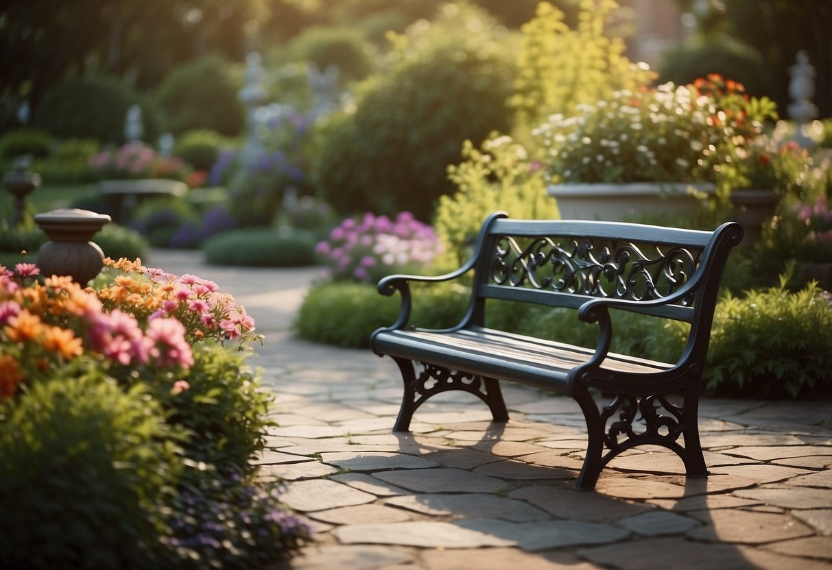 A serene garden with colorful flowers, winding pathways, and tranquil water features. A bench invites visitors to relax and reflect in the peaceful atmosphere