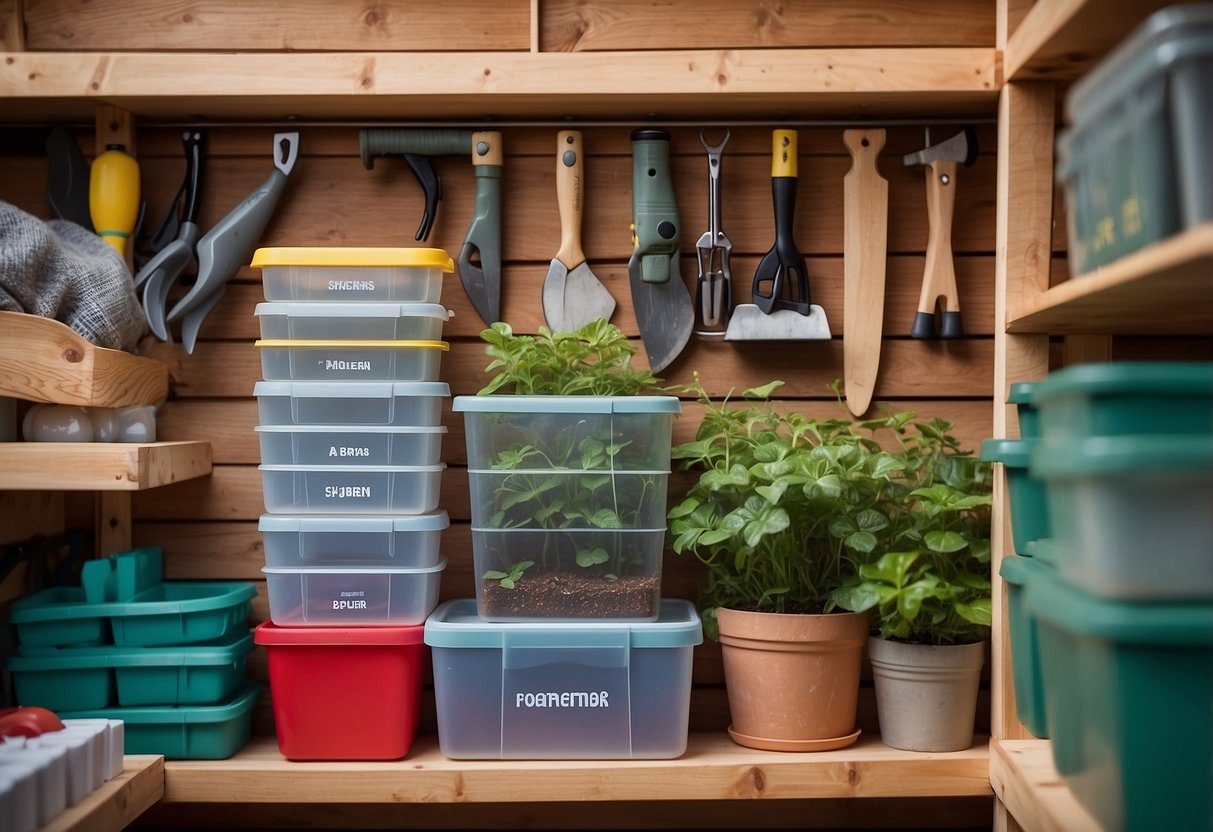 Clear storage bins neatly arranged in a garden shed, labeled with various gardening tools and supplies inside for organization