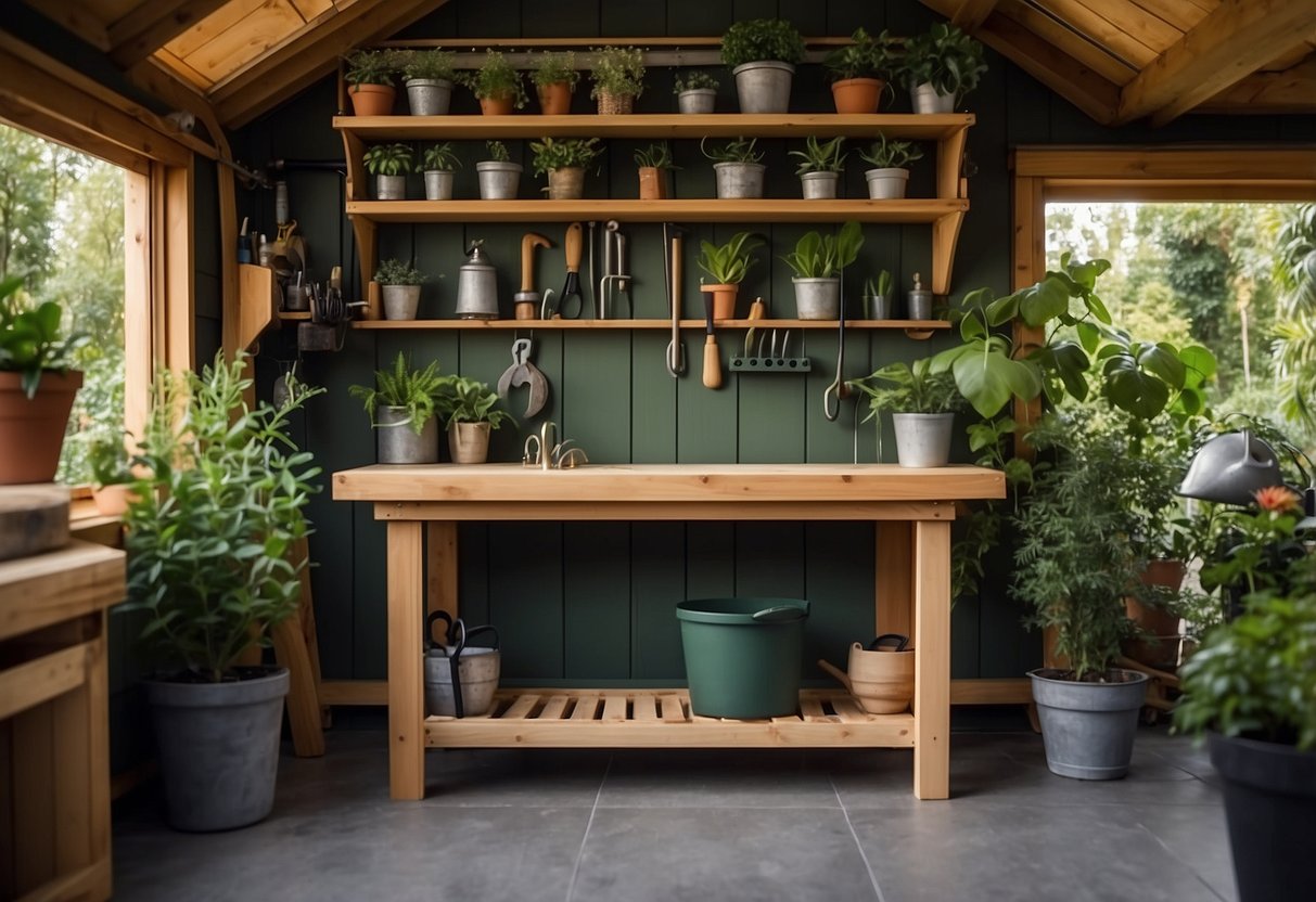 A sturdy workbench folds out from a garden shed, with tools neatly organized on hooks and shelves. A potted plant adds a touch of greenery to the space