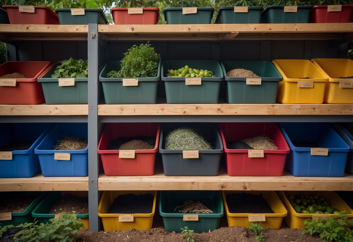 Stackable bins neatly arranged in a garden shed, each labeled for specific gardening tools and supplies. A shelf above holds smaller bins for seeds and bulbs