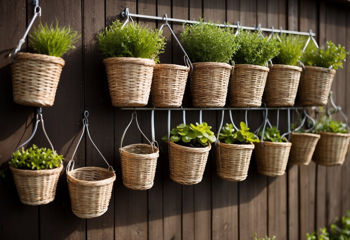 Baskets hang from hooks on shed walls, holding small gardening items like gloves and trowels