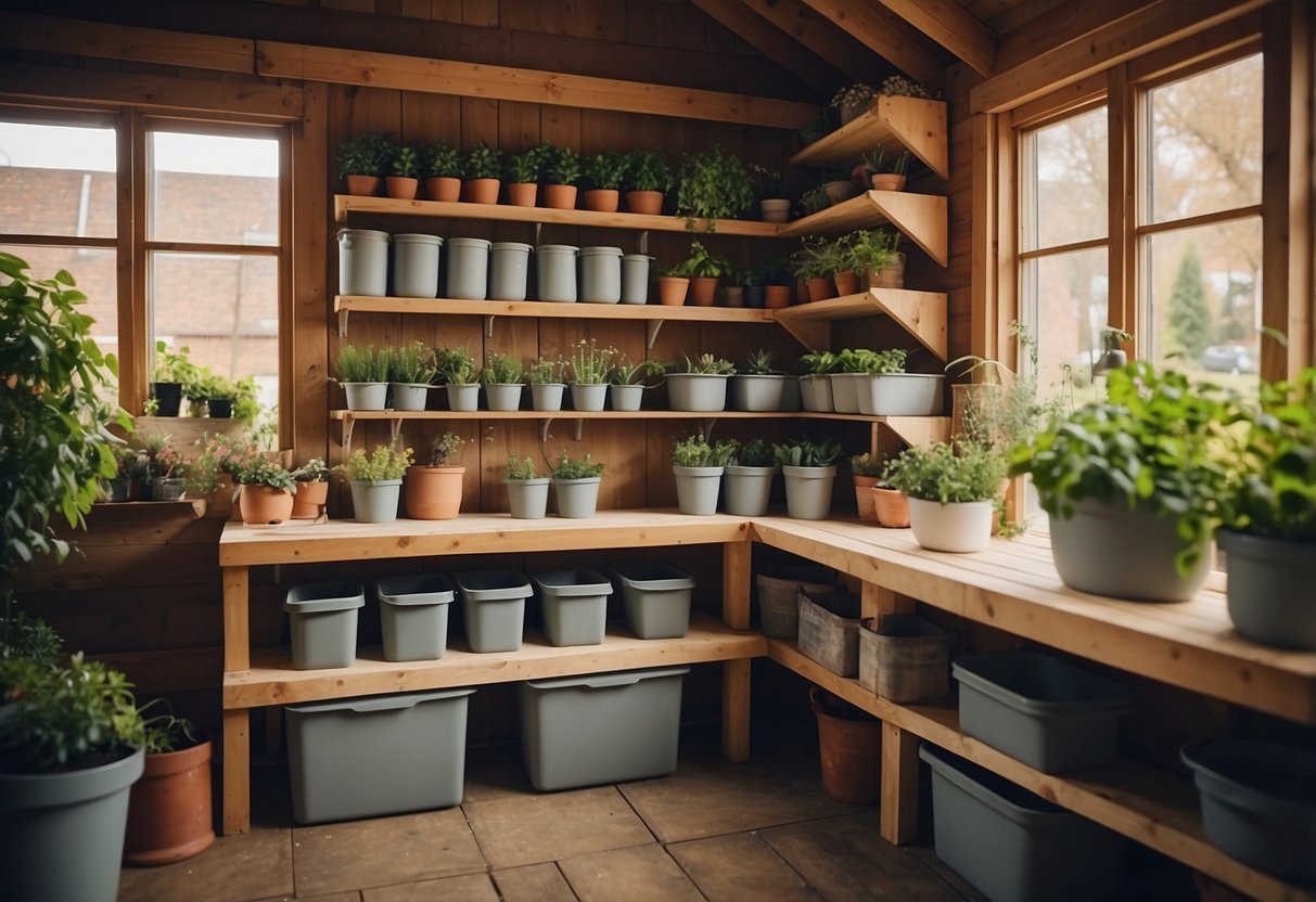 A garden shed with labeled storage bins, hanging tools, workbench, and potting area. Shelves for pots and gardening supplies. A cozy seating area