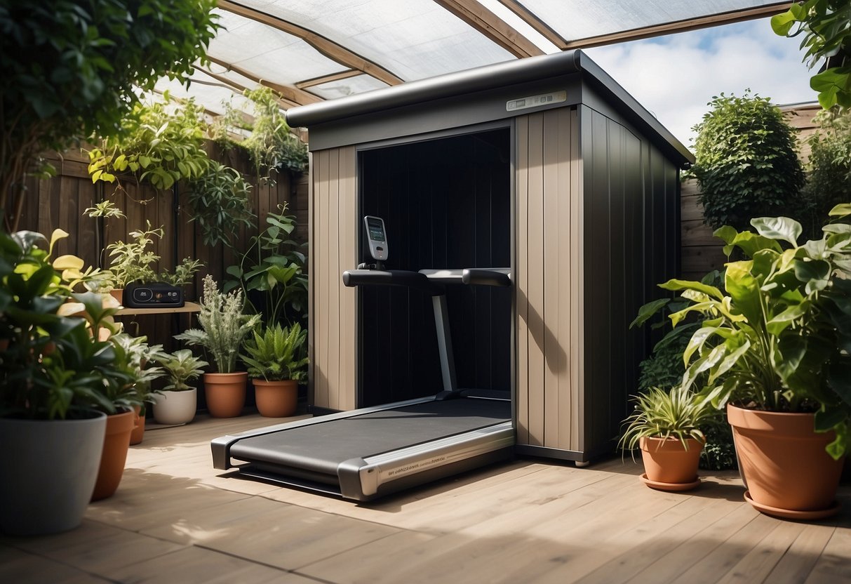 A small, organized gym shed with a treadmill surrounded by potted plants and greenery, creating a serene and compact cardio zone