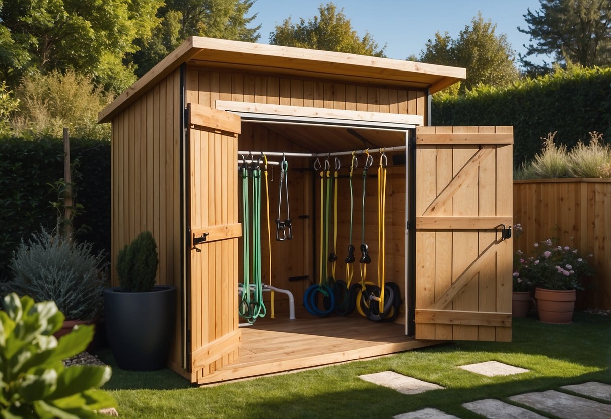 A wall-mounted garden gym shed with resistance bands hung neatly for easy access and use