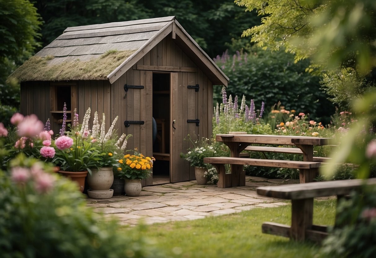 A rustic garden shed holds a sturdy rack of free weights, surrounded by lush greenery and blooming flowers, creating a serene outdoor gym space