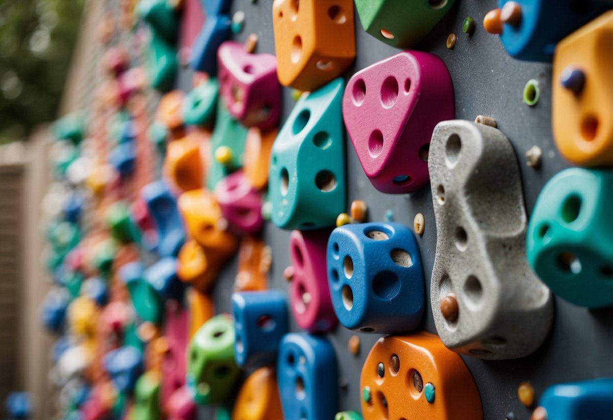 A colorful indoor climbing wall stretches across the garden gym shed, with various handholds and footholds for all levels of climbers