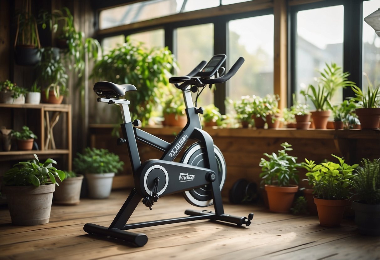 A foldable exercise bike sits in a cozy garden shed, surrounded by potted plants and natural light streaming in through the windows