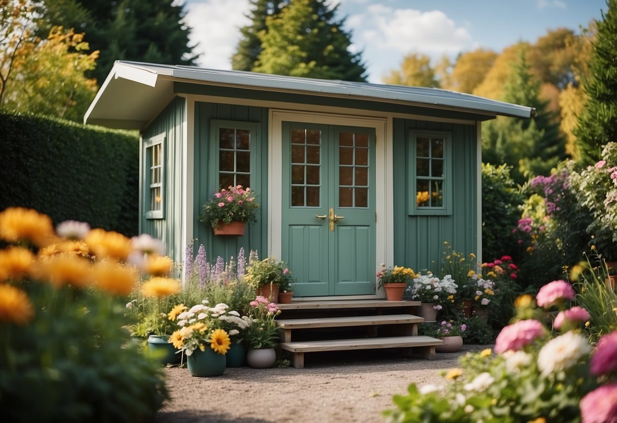 An outdoor garden shed with an aerobic step platform, surrounded by vibrant flowers and greenery