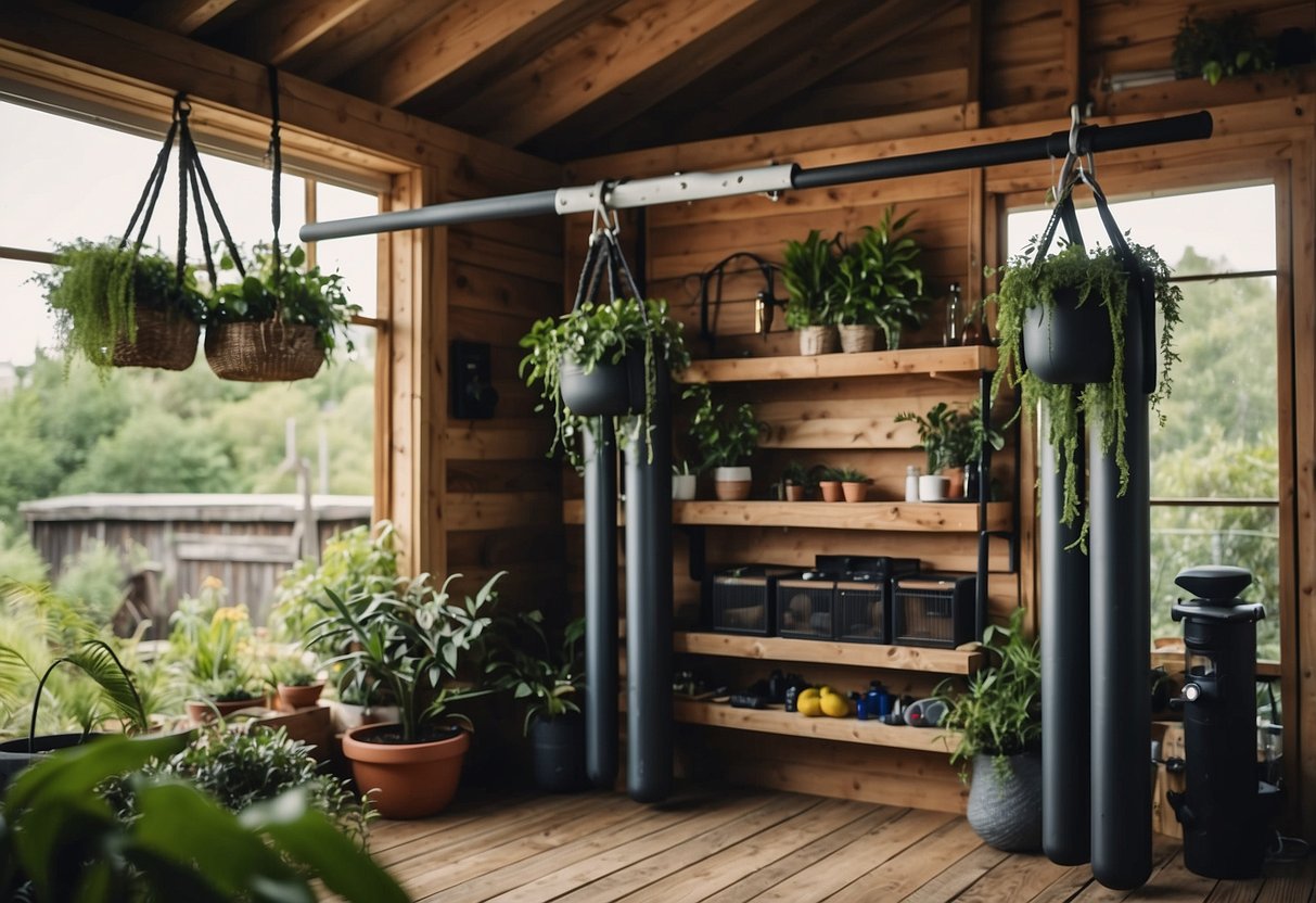 A wall-mounted pull-up bar is installed in a rustic garden shed, surrounded by hanging plants and outdoor fitness equipment