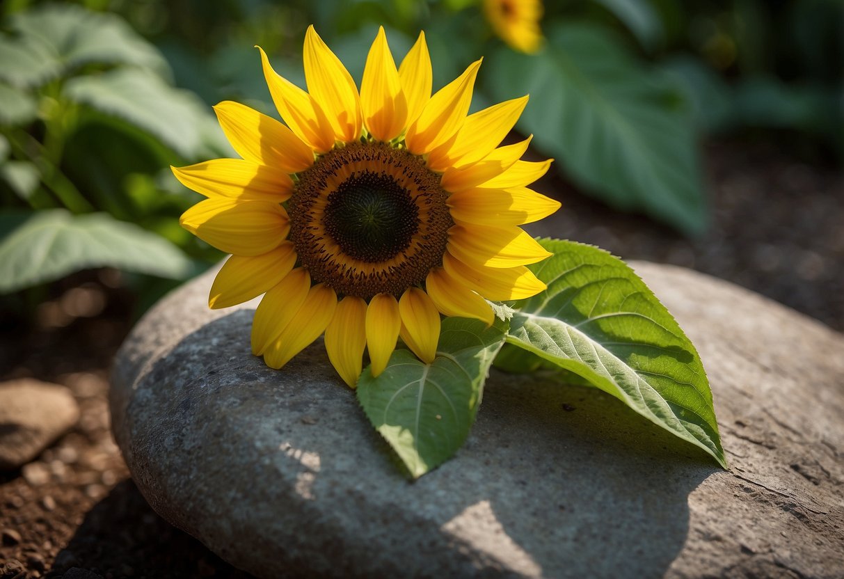 A vibrant sunflower with bold yellow petals and a dark brown center painted on a smooth rock, surrounded by greenery in a garden setting