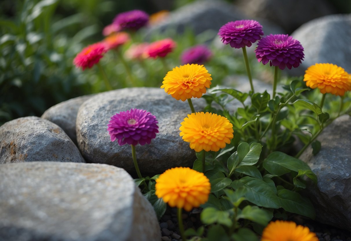 Vibrant rainbow swirls on garden rocks, surrounded by lush greenery and colorful flowers