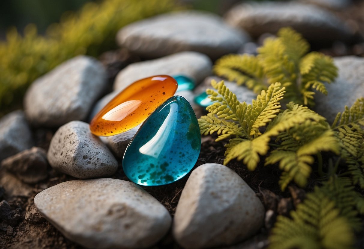 Vibrant abstract patterns inspired by nature, with bold colors and flowing shapes, adorn the rocks in a peaceful garden setting