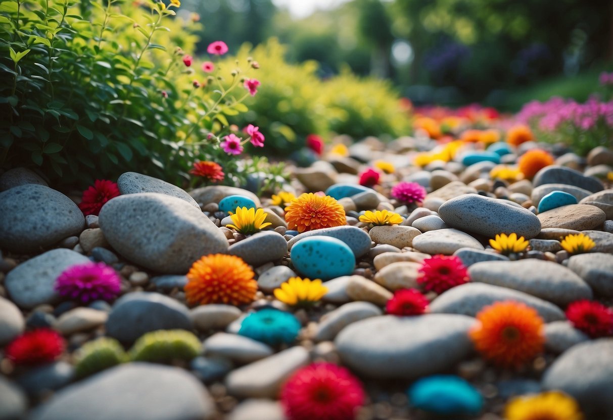 Colorful rocks scattered among vibrant flowers and greenery, adding a whimsical touch to the garden