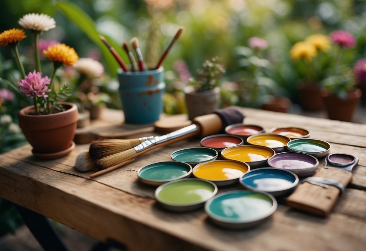 A table with colorful paints, brushes, and smooth rocks. A garden in the background with plants and flowers