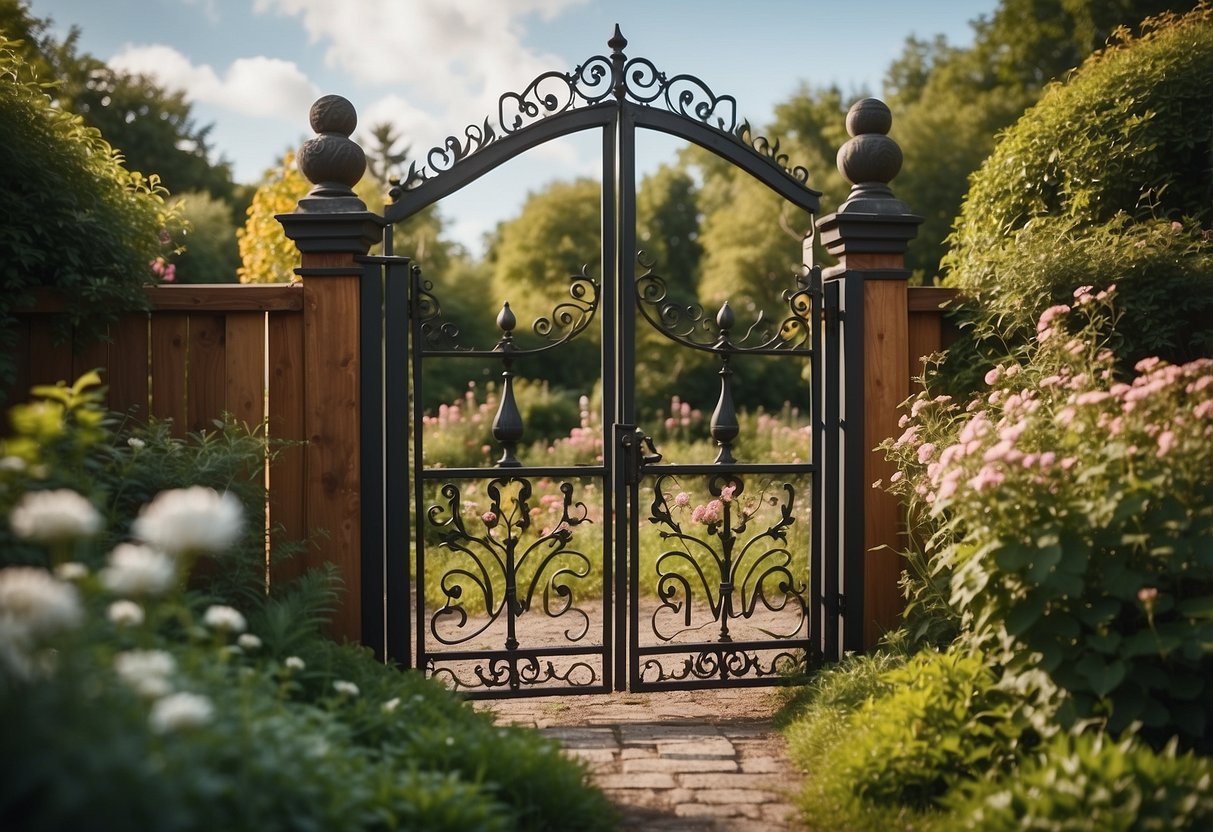 A wooden garden gate with vintage iron accents stands open, surrounded by lush greenery and blooming flowers