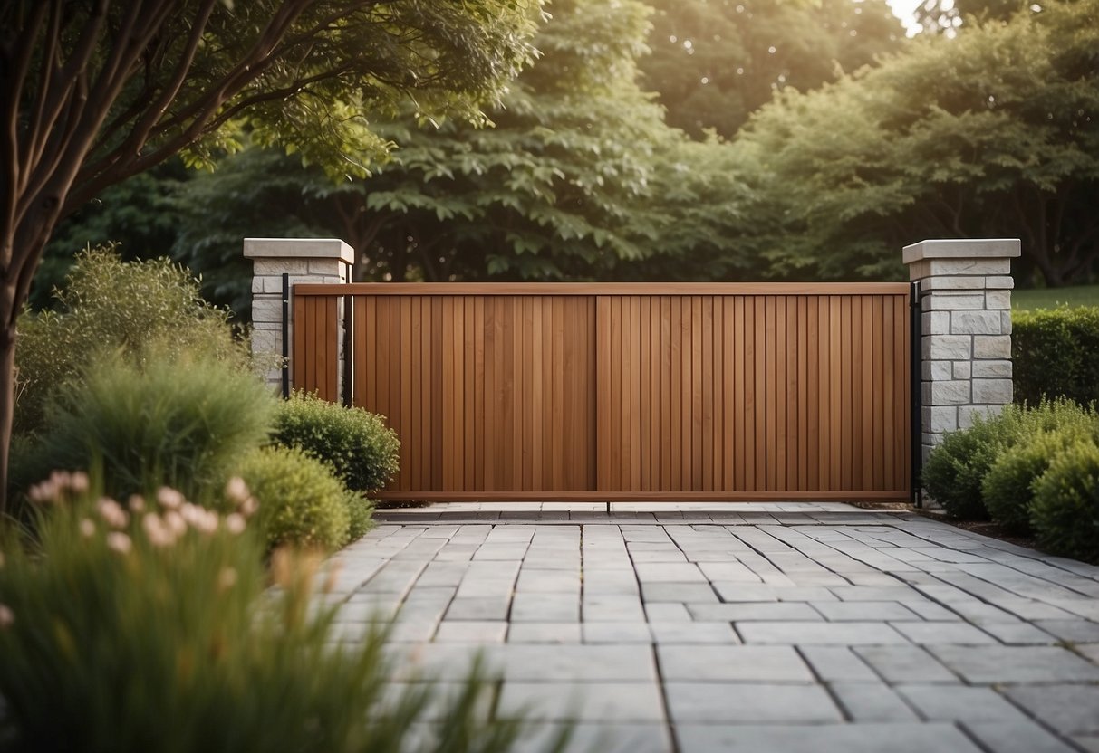 A sleek, horizontal wooden gate stands against a backdrop of clean, geometric landscaping. The gate features simple, modern lines and a minimalist design