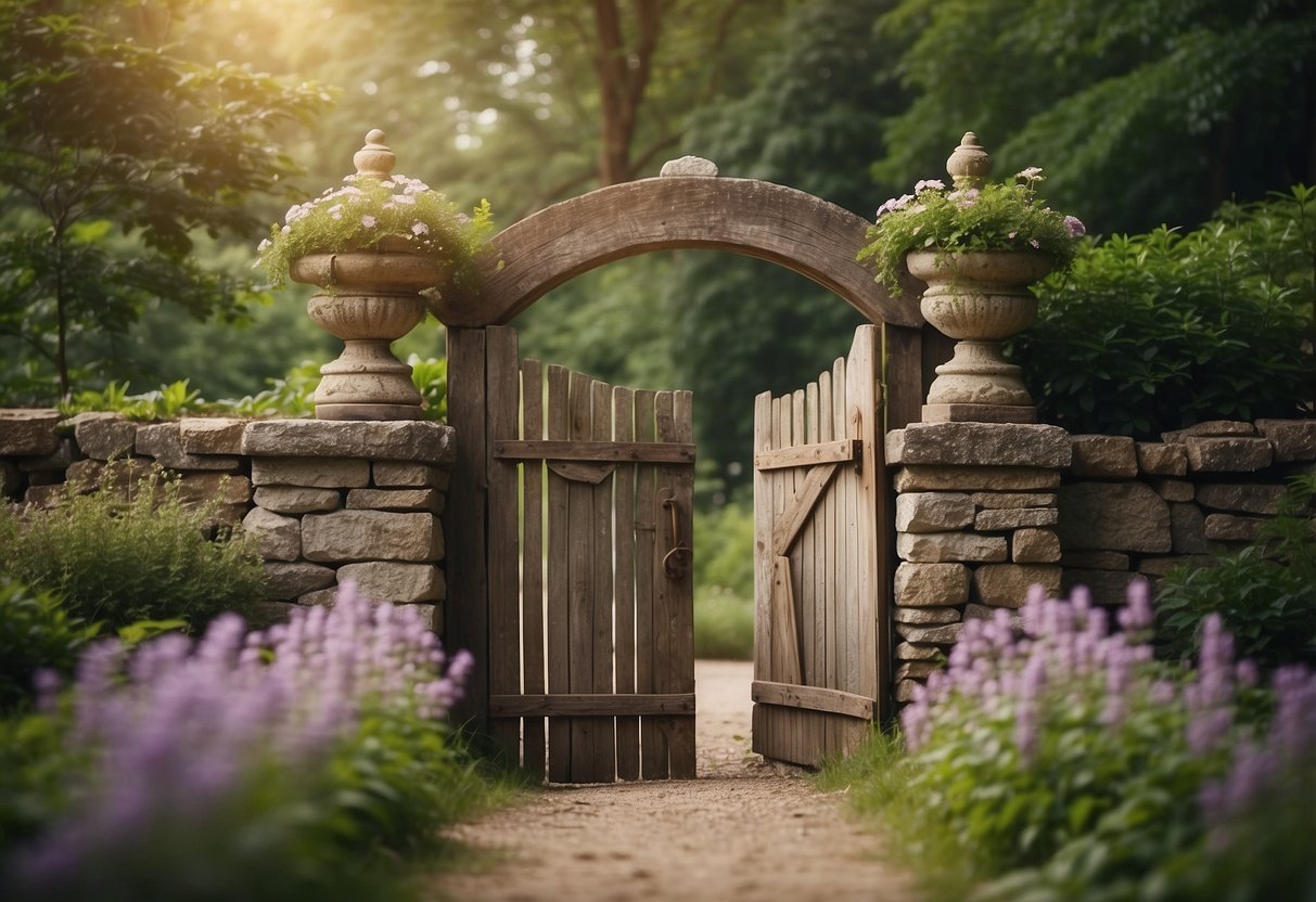 A weathered barn wood gate stands between two stone pillars, surrounded by lush greenery and blooming flowers