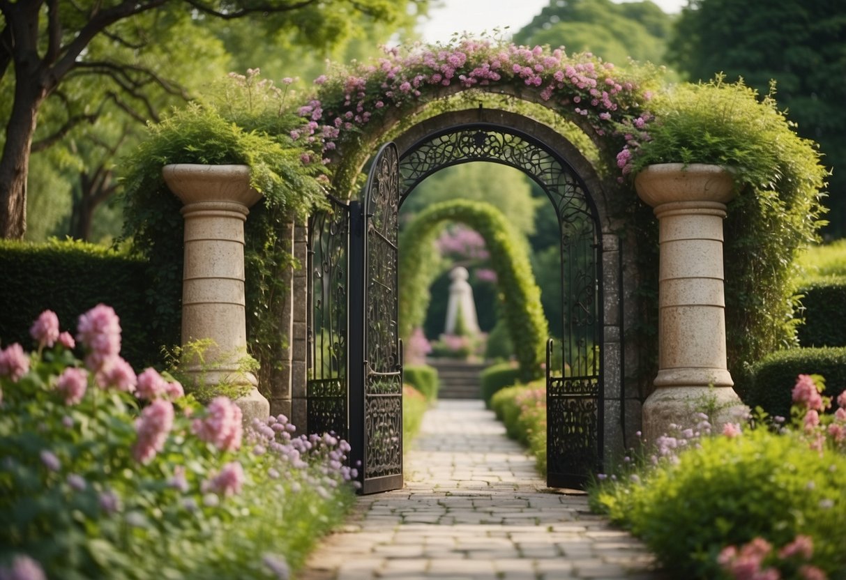 A decorative lattice gate stands between two stone pillars, surrounded by blooming flowers and lush greenery in a peaceful garden setting