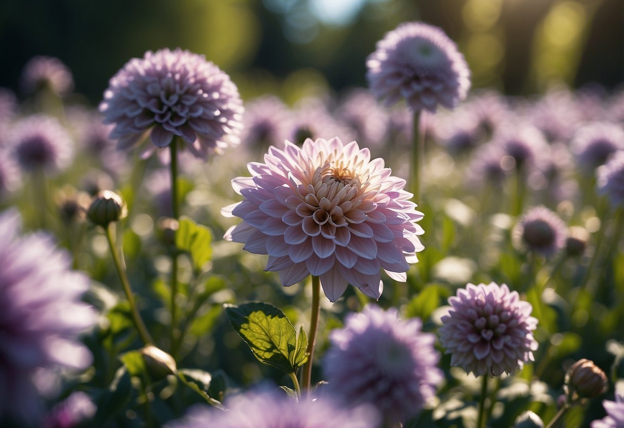 A lush garden of lavender dahlias blooms under a clear blue sky, surrounded by verdant foliage and bathed in warm sunlight