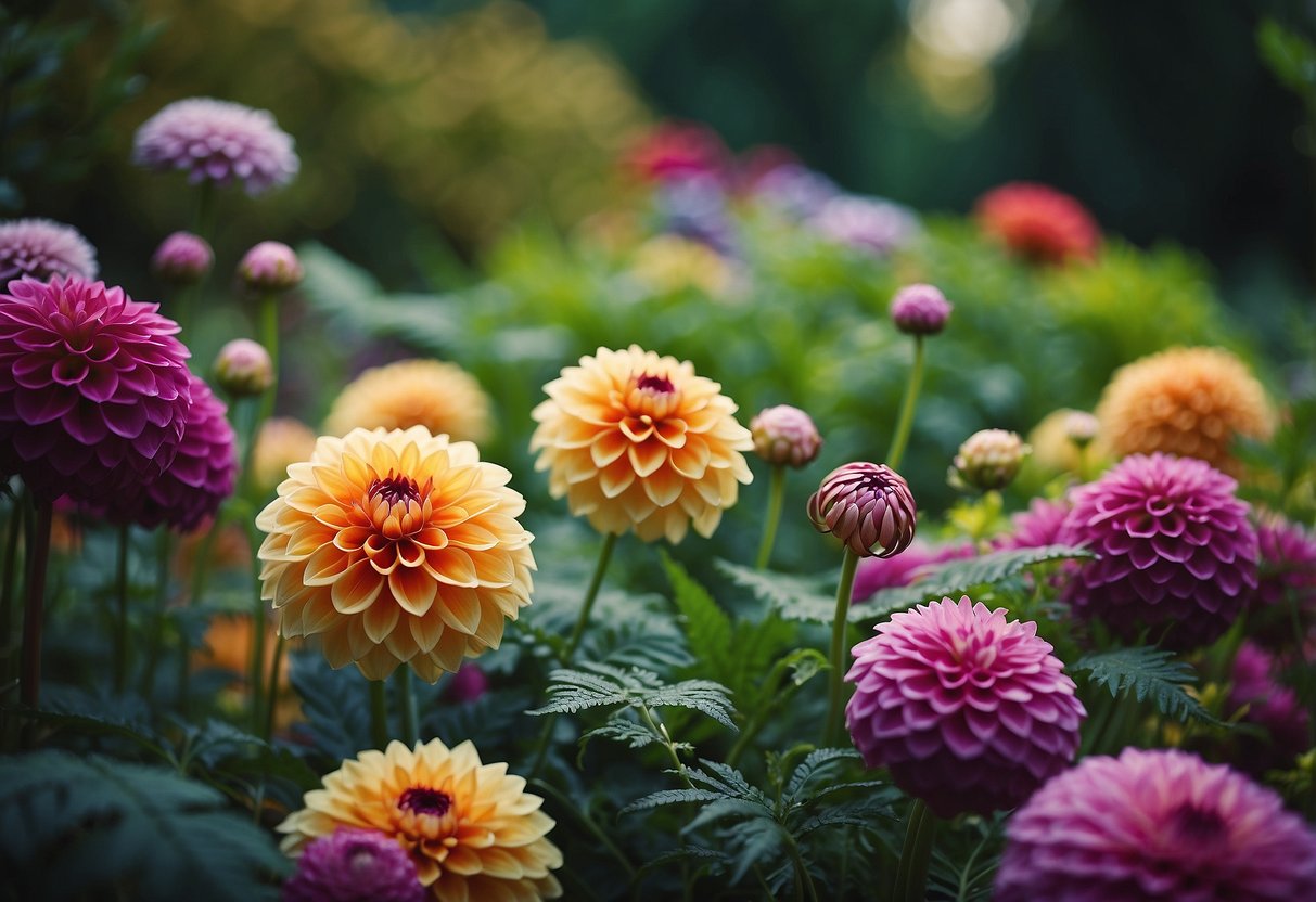 A vibrant garden filled with colorful dahlias and lush ferns creates a stunning combination of textures and hues