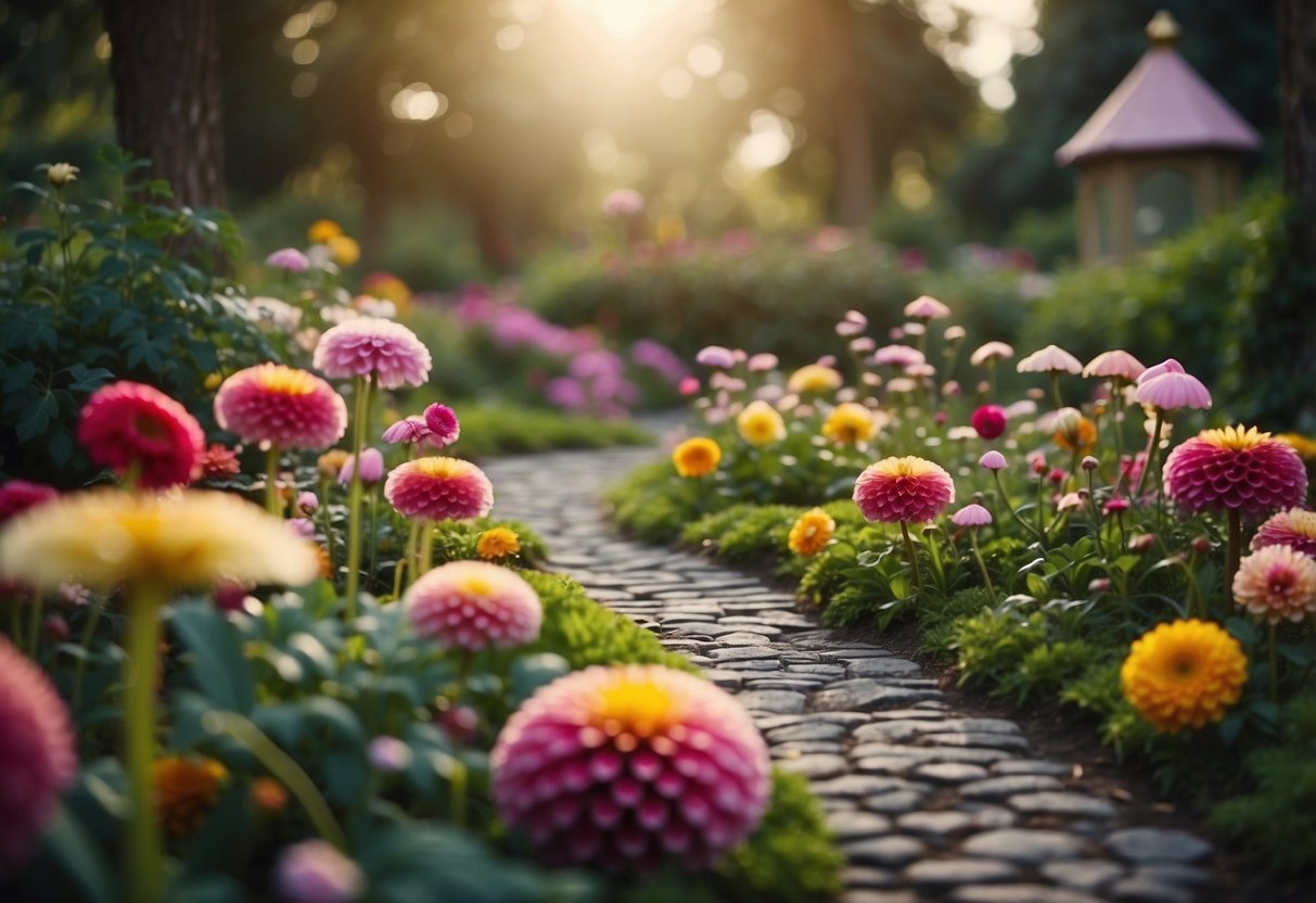 A colorful dahlia garden with winding paths and whimsical fairy tale elements, like oversized mushrooms and twinkling fairy lights