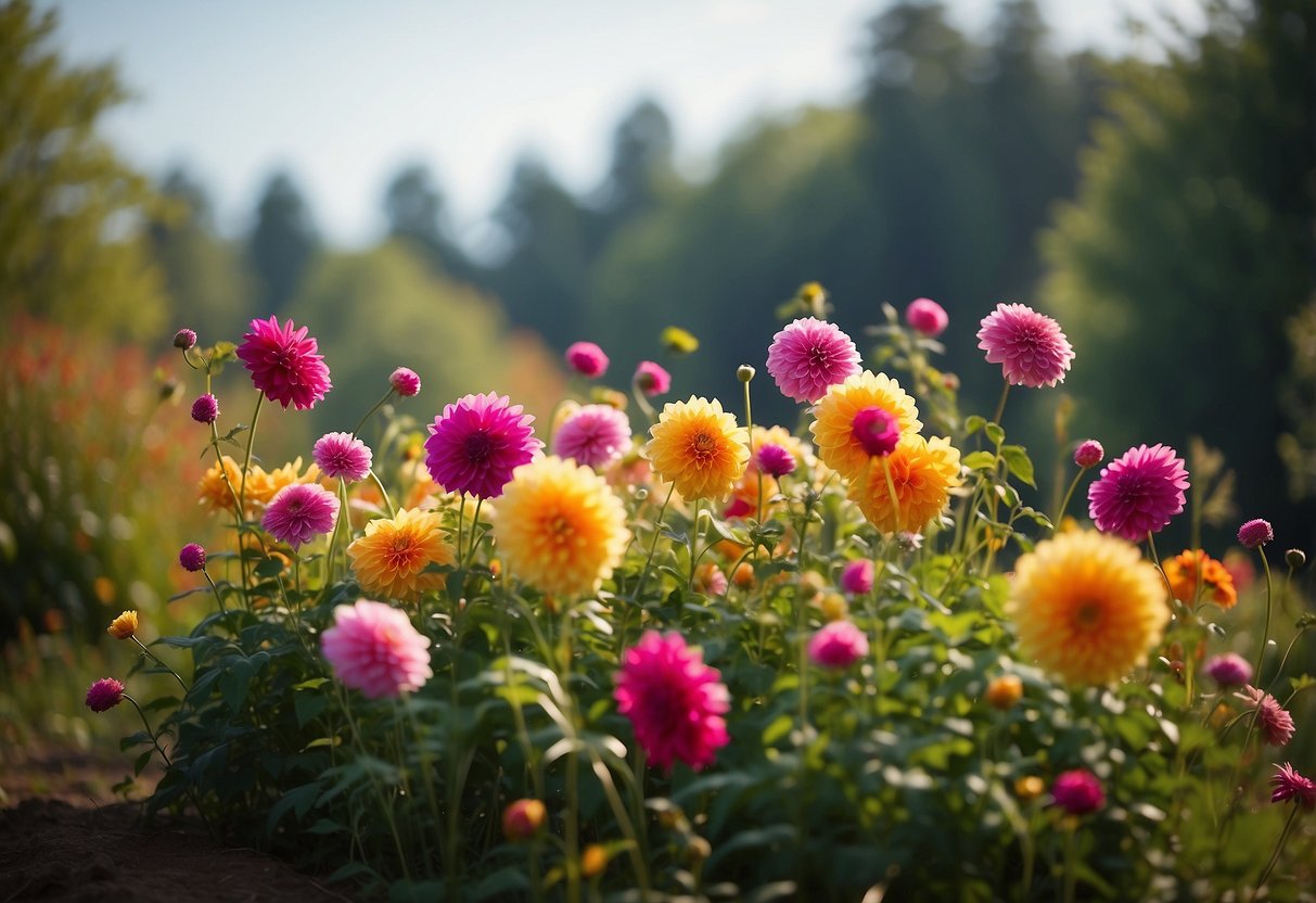 A vibrant dahlia garden with tall grasses swaying in the breeze, creating a harmonious and colorful scene