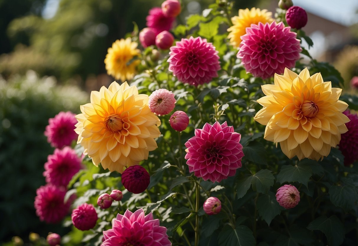 A vertical dahlia display with vibrant blooms cascading down a trellis in a well-manicured garden