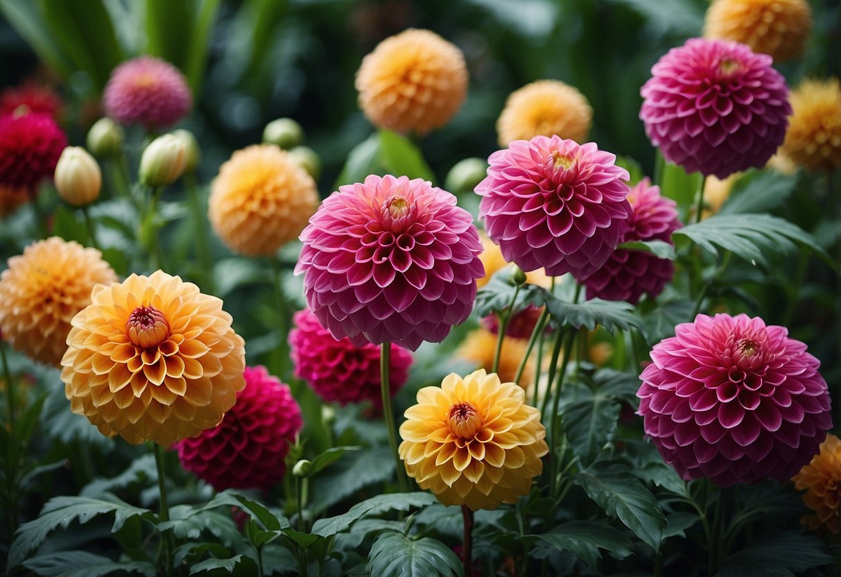 A lush tropical garden filled with vibrant dahlias in various colors and sizes, surrounded by lush green foliage and palm trees