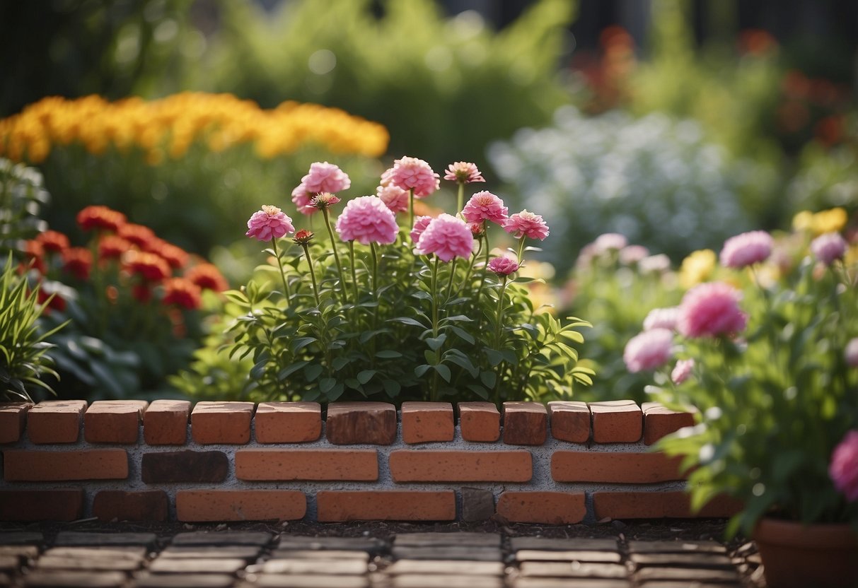 A garden with brick and wood combination edging, creating a rustic and natural border for the flower beds