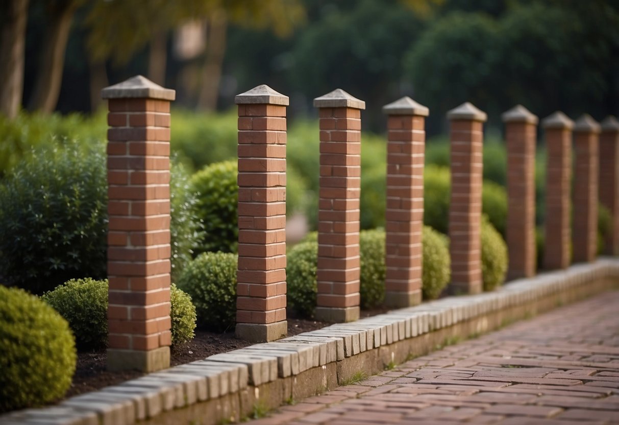 A row of brick pillars with intricate designs, serving as garden edging, creating a rustic and charming atmosphere