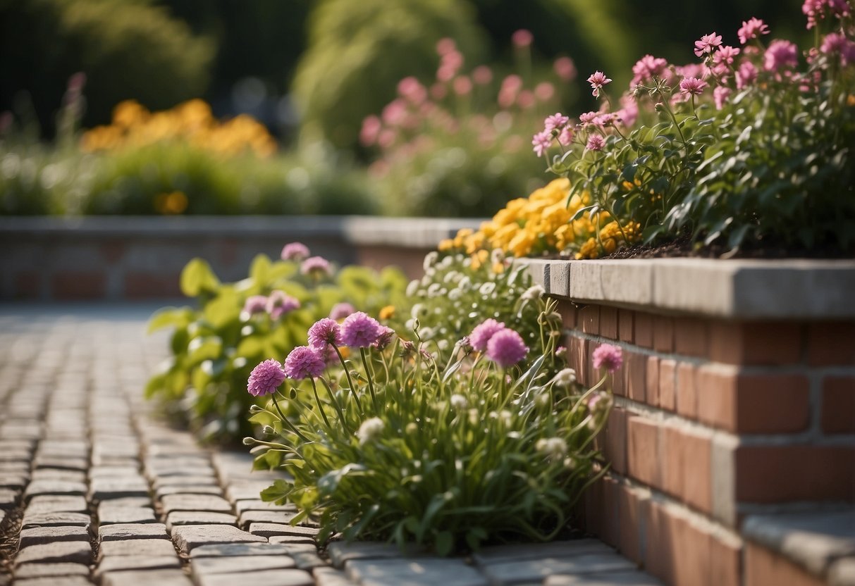 A garden with brick and stone blend edging, creating a neat and stylish border for the flower beds