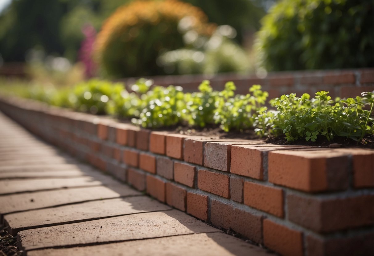 A neat row of bricks creating a clean and defined edge for a garden bed, with varying heights and textures adding visual interest