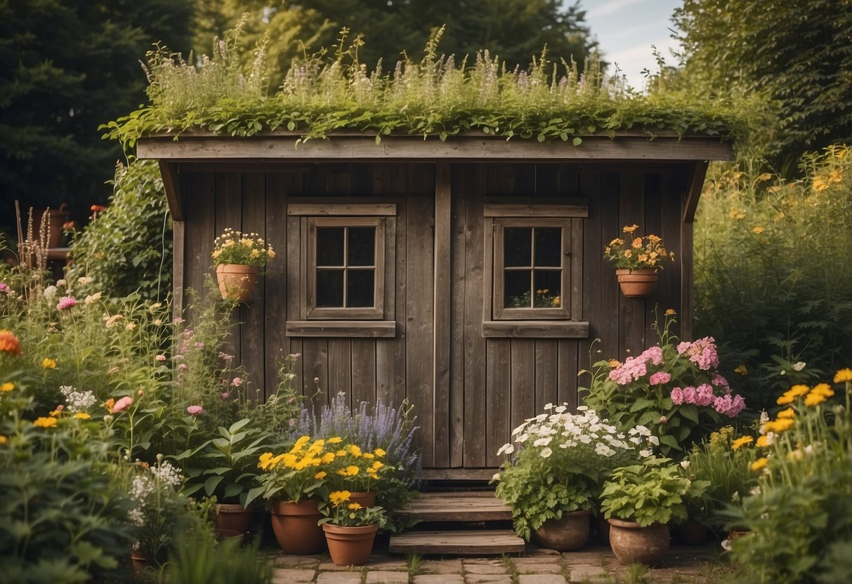 A vintage wooden garden shed surrounded by overgrown plants and flowers, with a rustic charm and weathered appearance