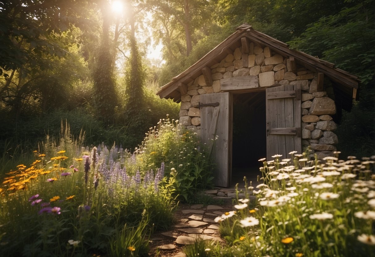 A rustic stone garden shed surrounded by overgrown wildflowers and vines, with a wooden door slightly ajar and sunlight streaming through the cracks