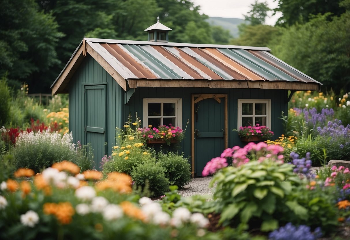 A rustic metal roof shed nestled in a garden, surrounded by colorful flowers and lush greenery