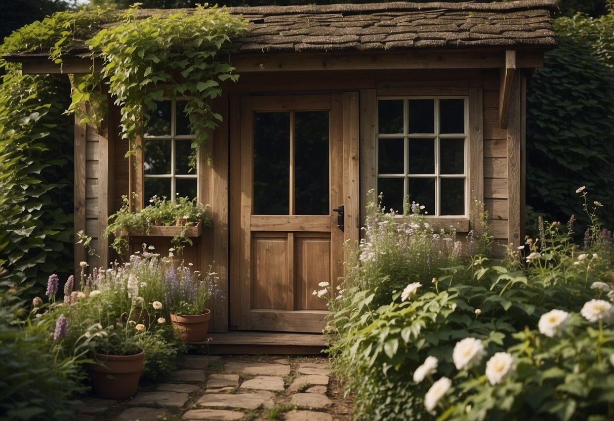 A quaint cottage-style shed nestled in a lush garden, adorned with climbing vines and blooming flowers. The rustic structure features charming details like a weathered wooden door and vintage window shutters