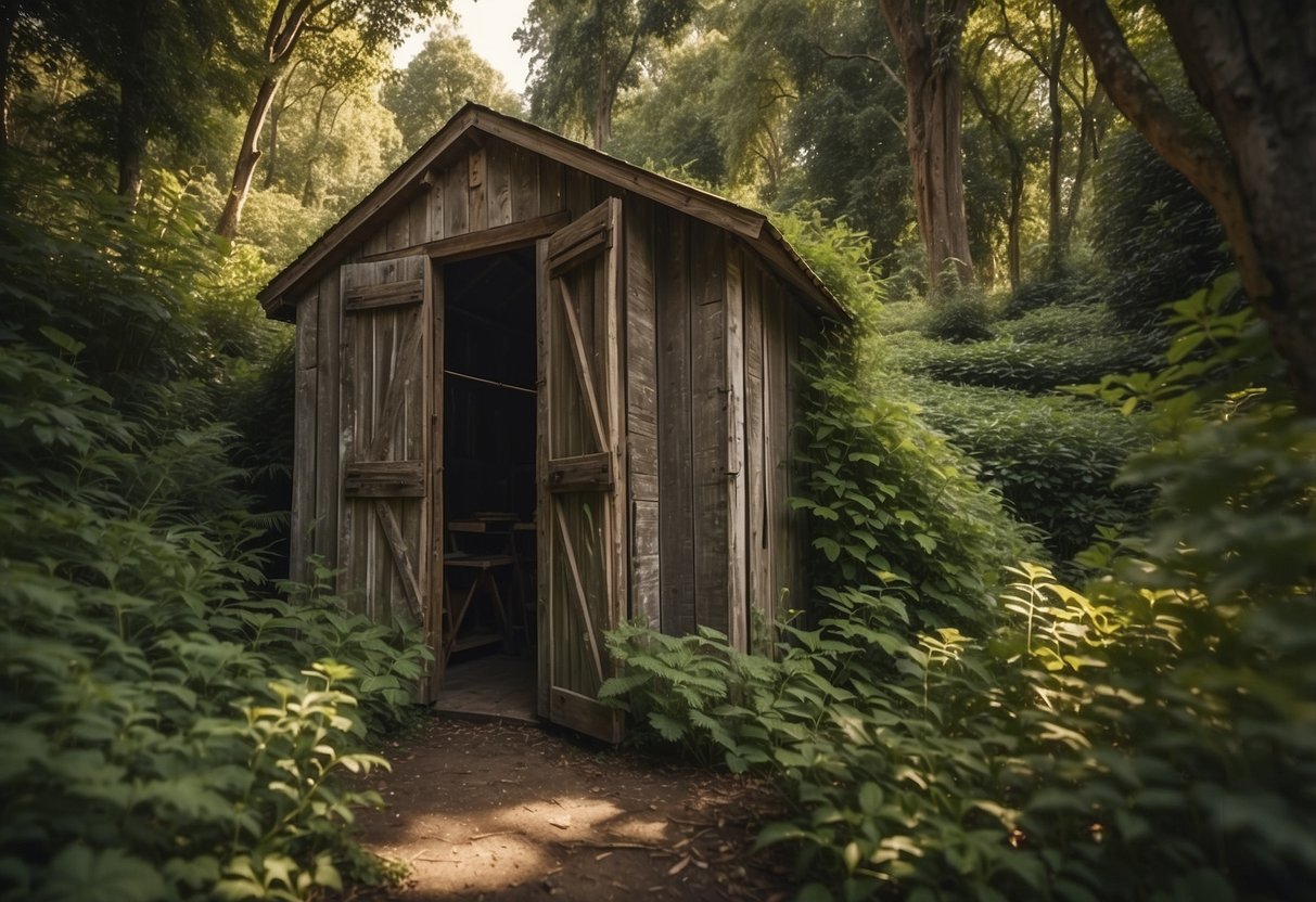 A weathered, wooden tool shed nestled among overgrown greenery. Sunlight filters through the cracks, casting dappled shadows on the rustic structure