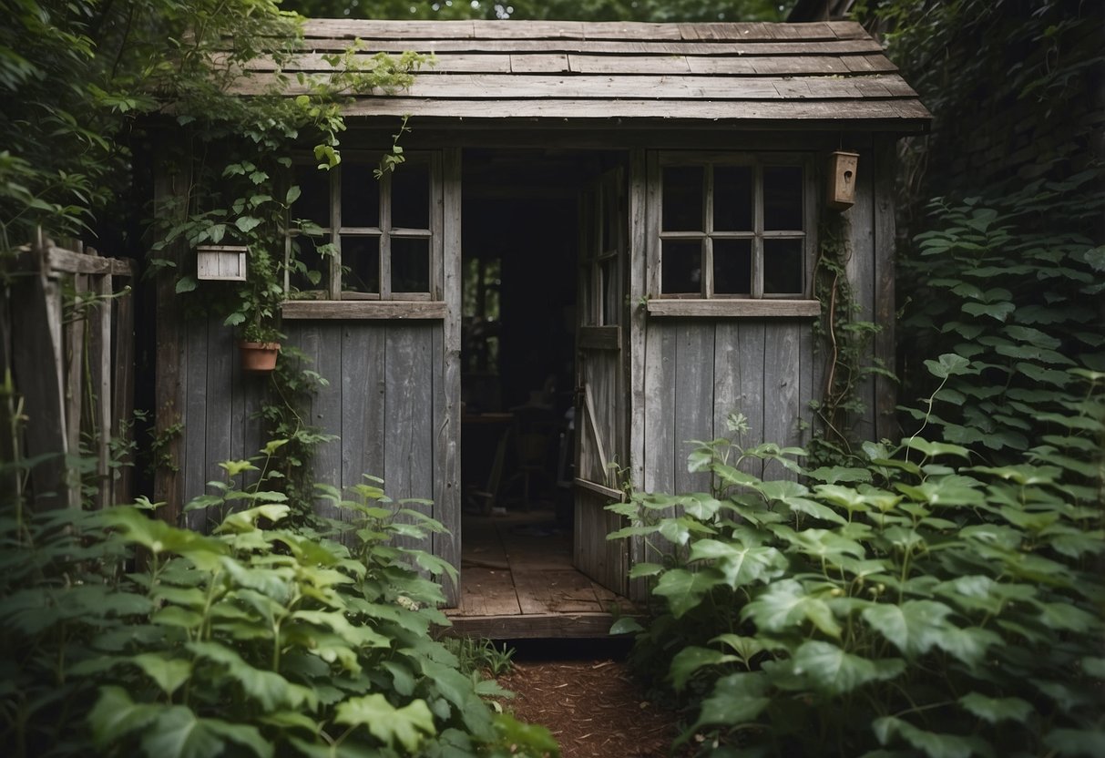 A weathered paint shed nestled in a lush garden, with peeling paint, rustic wood, and overgrown vines