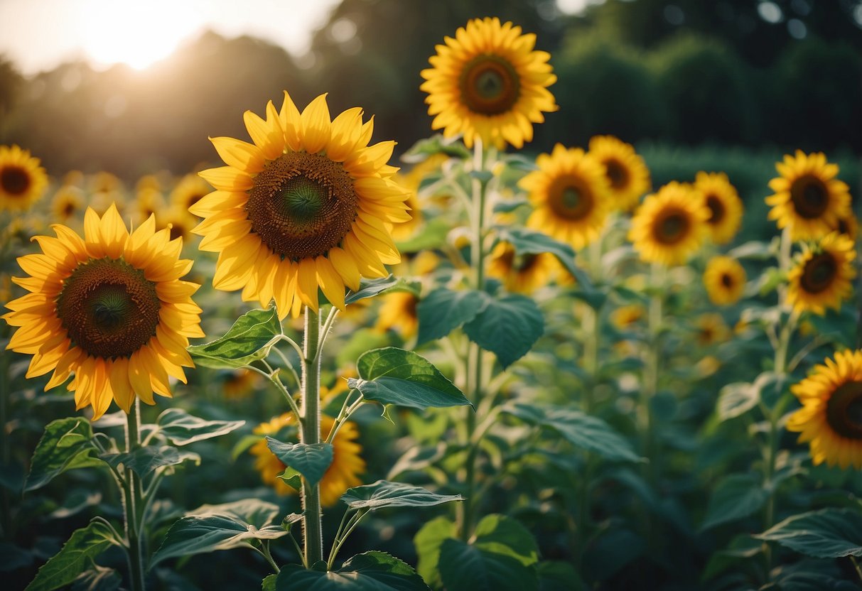 Vibrant sunflowers and aromatic herbs intermingle in a lush garden, creating a picturesque scene of natural beauty and tranquility