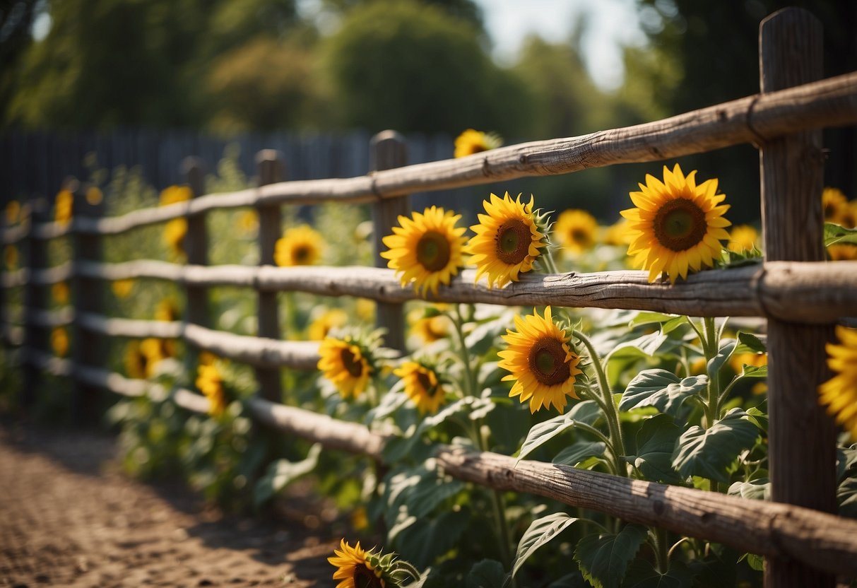 A rustic wooden fence adorned with vibrant sunflowers in a garden