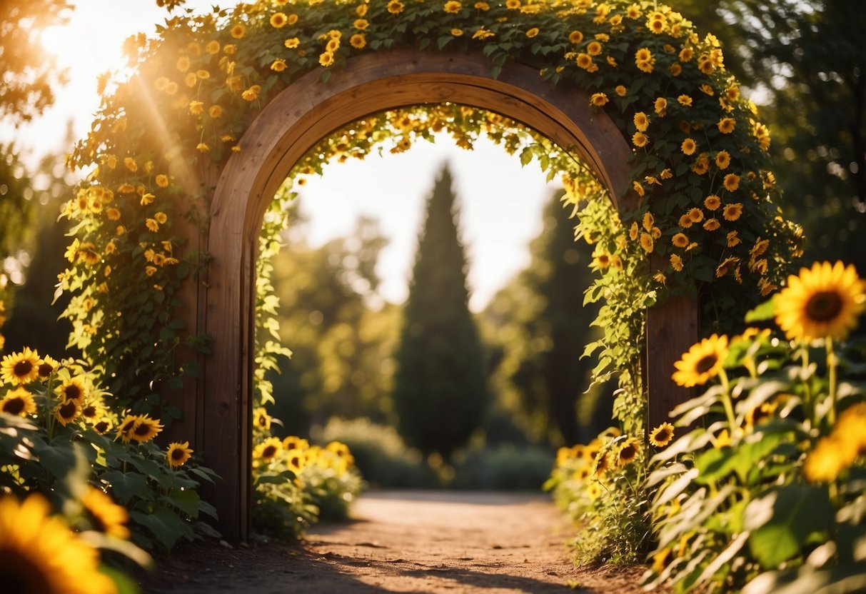 A vibrant sunflower garden blooms under a wooden archway, basking in the warm sunlight. Tall, golden-yellow flowers stretch towards the sky, creating a picturesque and serene scene